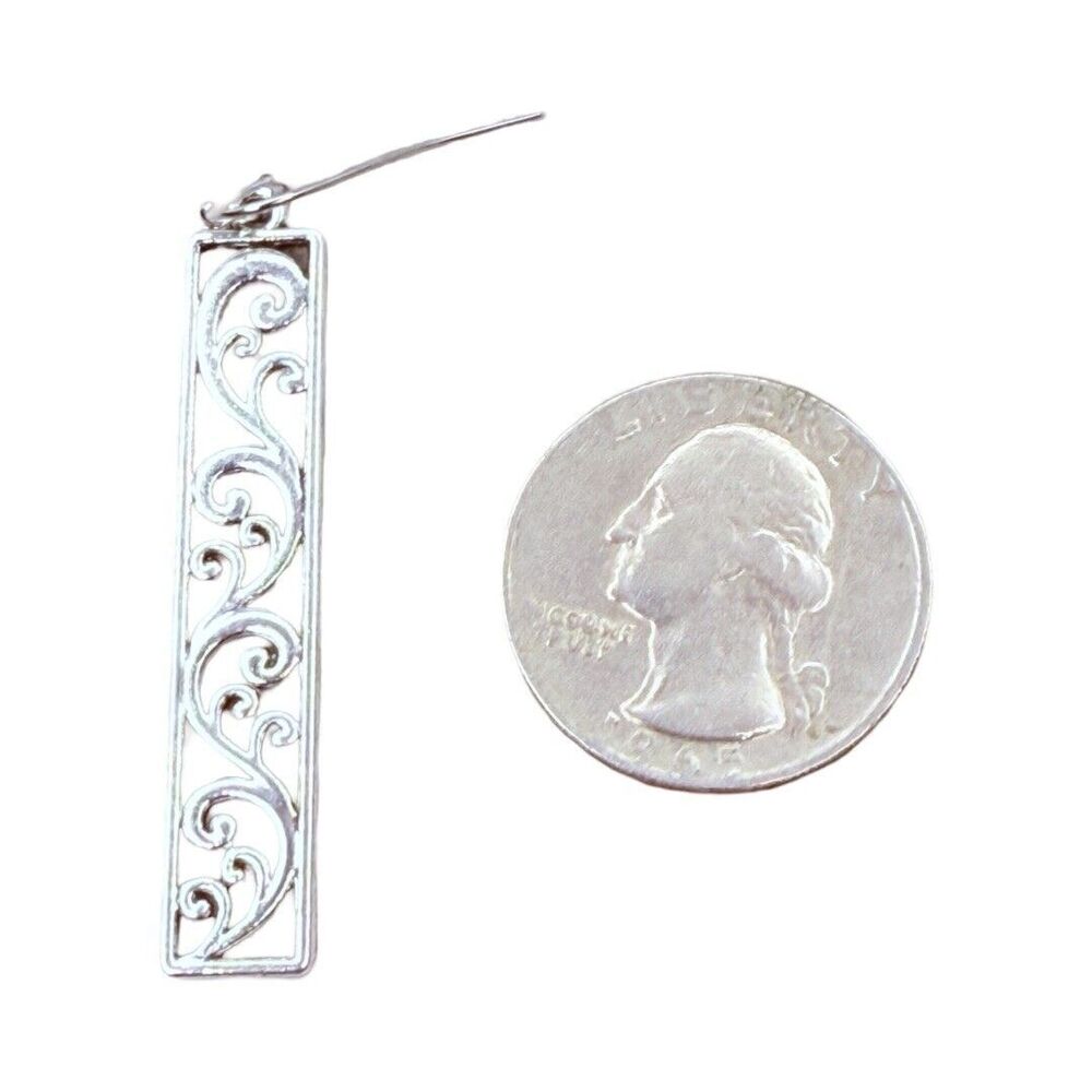 Silver-Tone Rectangular Dangle Earrings 2" Filigr… - image 7